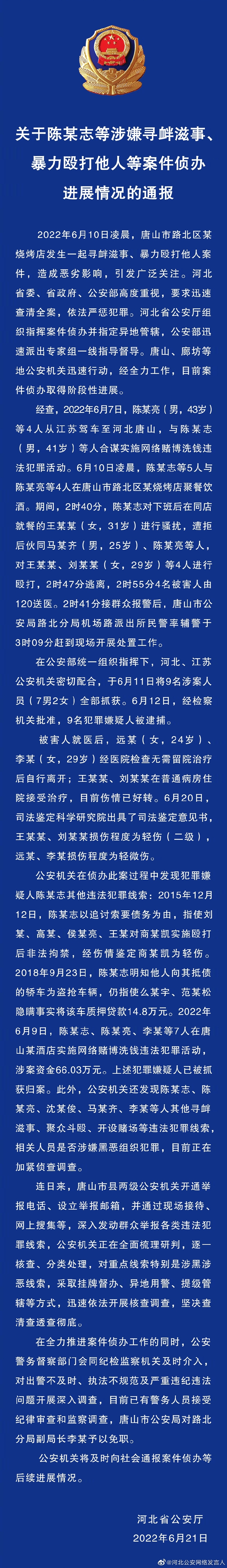 關(guān)于陳某志等涉嫌尋釁滋事、暴力毆打他人等案件偵辦進展情況的通報