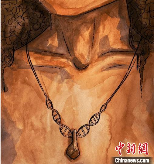 墜飾藝術(shù)再現(xiàn)圖，圖中吊墜繩為DNA螺旋樣式(圖片作者M(jìn)yrthe Lucas)?！∈┢樟指瘛ぷ匀?供圖