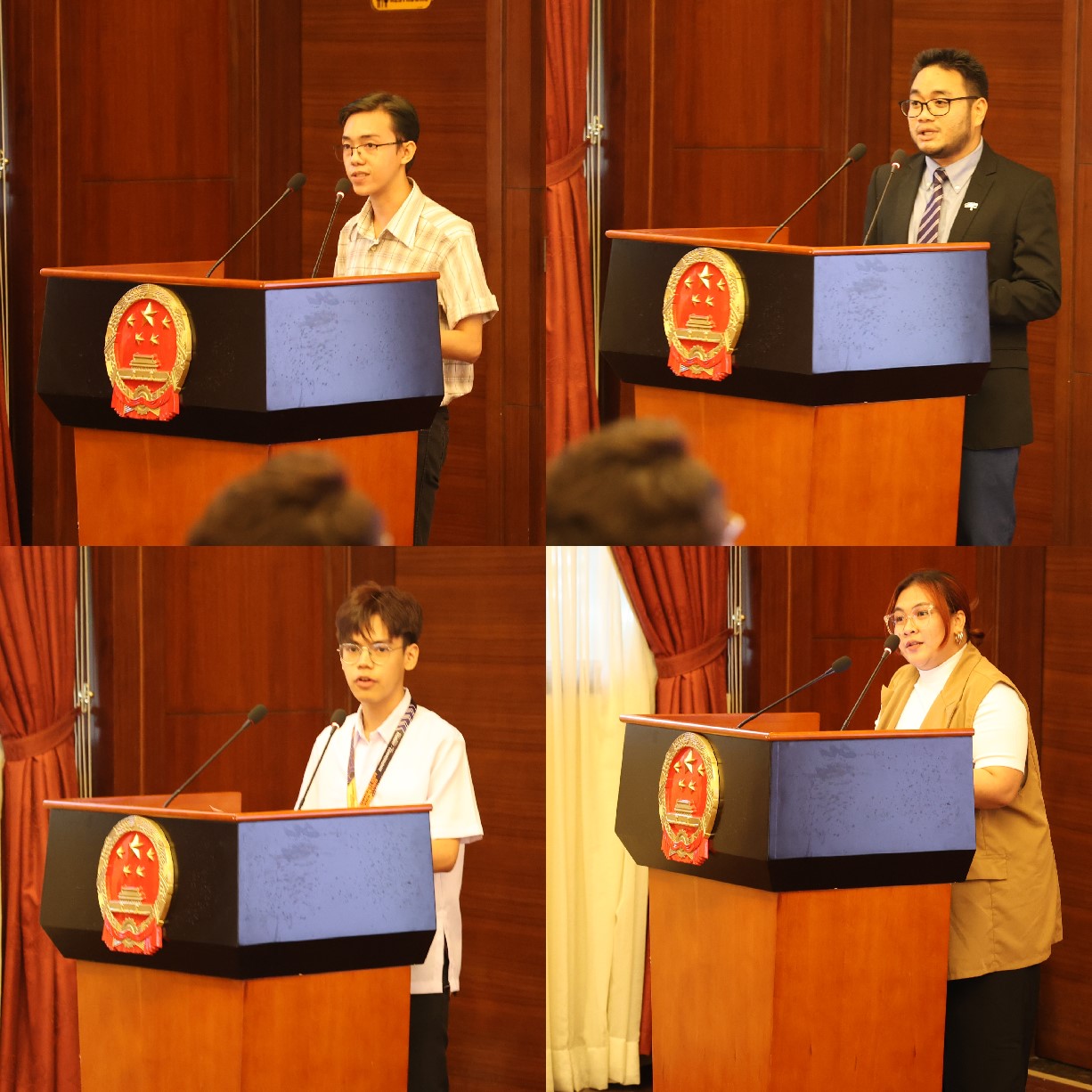 菲律賓大學(xué)、菲律賓師范大學(xué)的4位學(xué)生和校友代表現(xiàn)場(chǎng)發(fā)言向中方表示感謝并分享體會(huì)。駐菲律賓使館 供圖