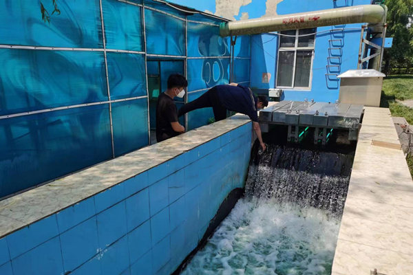 邯鄲市雞澤縣藍(lán)天污水處理廠員工正在出水口進(jìn)行水質(zhì)檢測(cè)。鄭佳欣攝