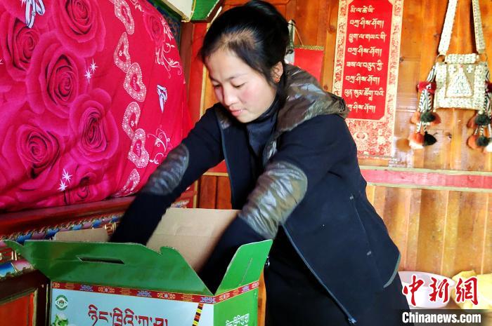 圖為通麥村村民巴桑拉姆把精心挑選的蘋(píng)果裝箱?！∝暽＠?攝