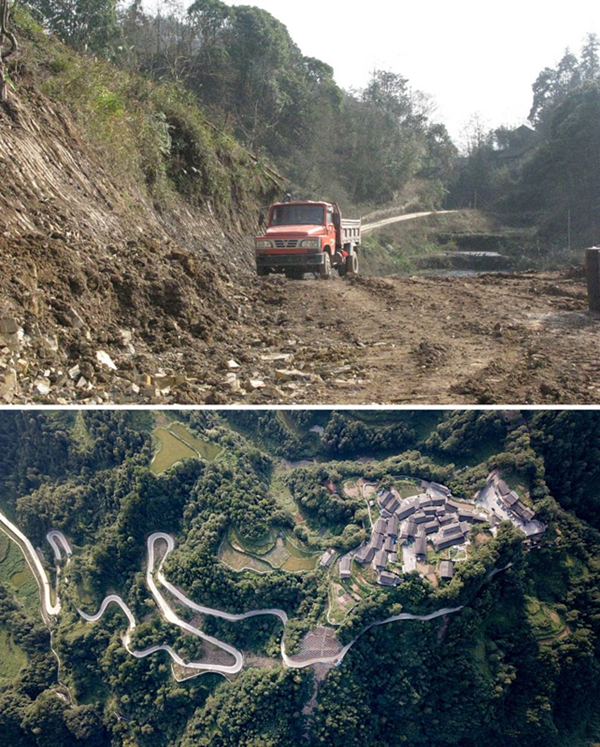 拼版照片：上圖為2011年12月拍攝的湖南省湘西土家族苗族自治州花垣縣十八洞村進村道路；下圖為2019年9月拍攝的十八洞村及進村道路。