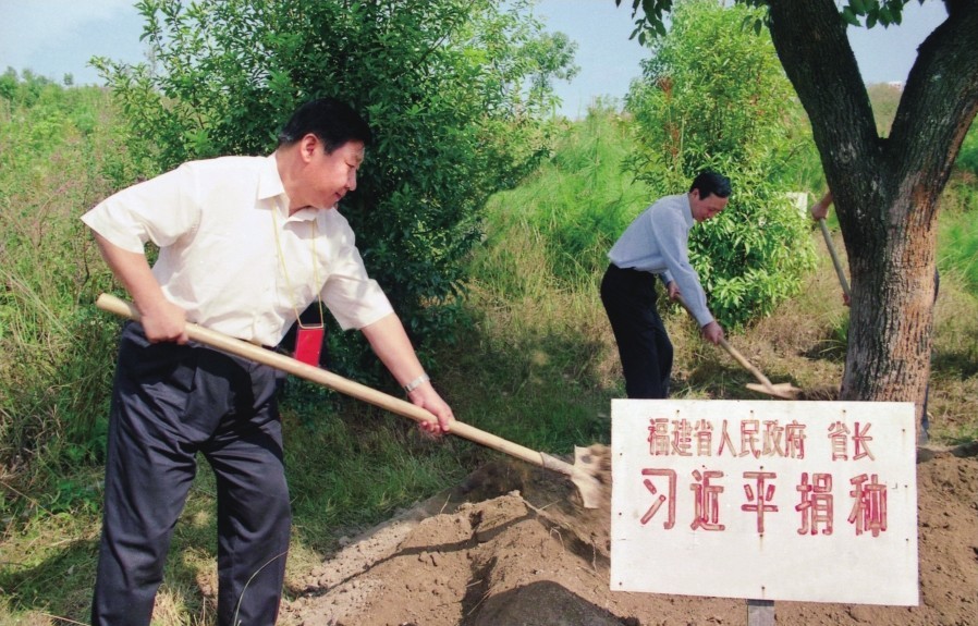 2001年10月，習(xí)近平在龍巖市長(zhǎng)汀縣調(diào)研水土流失治理工作，在河田世紀(jì)生態(tài)園為樹培土。圖源：《習(xí)近平在福建（下）》