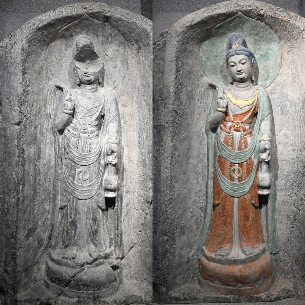 左圖為龍門石窟萬佛洞窟前南壁菩薩造像的3D打印模型；右圖為利用數(shù)字化技術(shù)復(fù)原后的3D打印模型（2025年4月10日攝，拼版照片）。復(fù)原后的像龕精妙絕倫，栩栩如生，被游客譽(yù)為“龍門最美菩薩”。圖片來源新華社