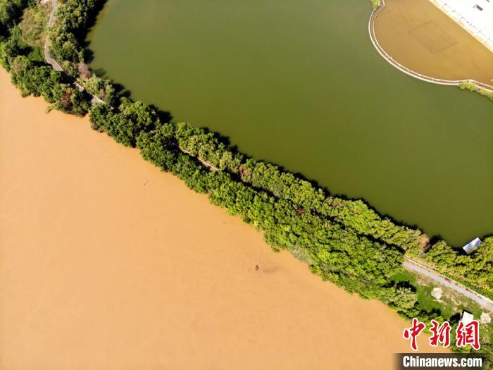 圖為2020年9月3日航拍黃河蘭州段濕地公園現(xiàn)黃河“鴛鴦鍋”。(資料圖) 高瑩 攝
